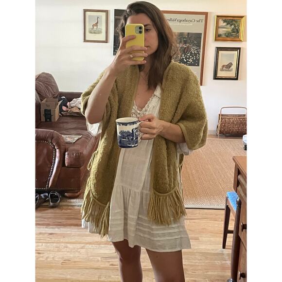 Vintage Fuzzy Knit Mustard Yellow Shawl Tie Side - Picture 1 of 9